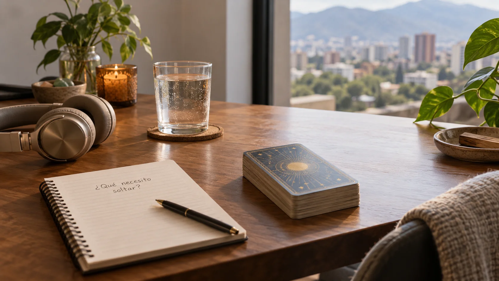 Escena editorial de tarot para preparar una consulta
