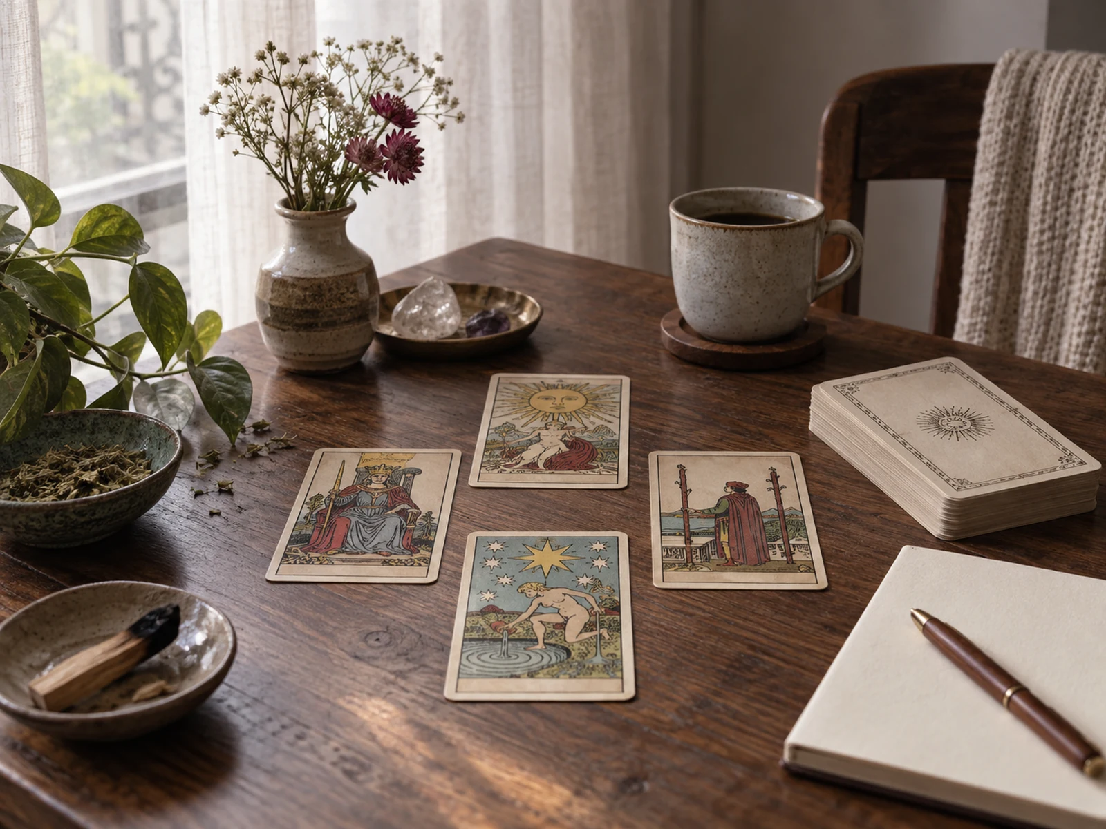 Composición de cartas y materiales cálidos para explorar familia